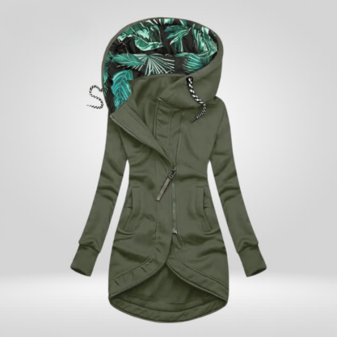Aysha™ | Giacca lunga con cerniera e cappuccio stampato